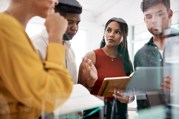 Poster - Teamwork, diversity and tablet in planning or workshop in boardroom, office or business as startup. People, technology and meeting in company with notebook, discussion and brainstorming as colleagues