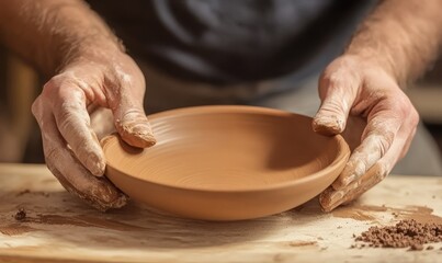 Pottery workshop in studio. master working with clay on the table. Adults learning to do ceramic plates. Pottery as hobby and leisure activity