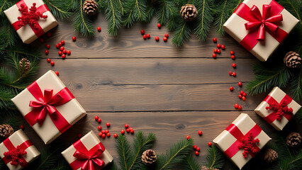 Aufkleber - Flat lay of Christmas gifts on wooden table with pine branches and cones in top view with empty space around.