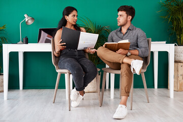 Poster - portfolio, talking or designers in meeting in office for creative project, startup or feedback. revi