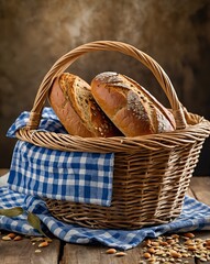 Close-up of two rustic loaves of artisan bread in a wicker basket with blue checkered cloth on a wooden table.


