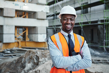 Poster - construction site, architecture and black man in portrait with arms crossed, maintenance and inspect