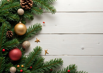 Wall Mural - evergreen tree branch decor adorns christmas wallpaper background featuring a wooden centerpiece and