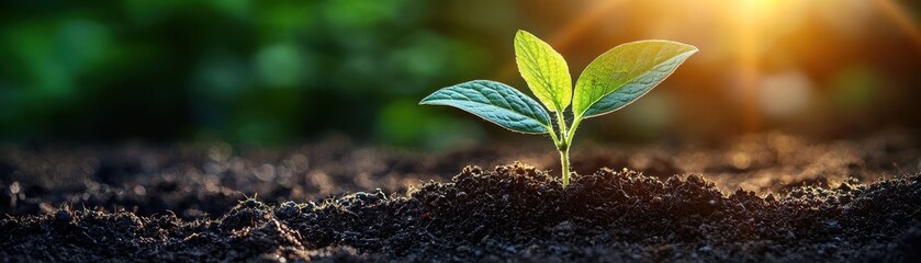 A young green plant sprouts from dark soil, illuminated by warm sunlight, symbolizing growth and renewal in a vibrant natural environment.