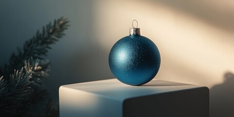 Wall Mural - A single blue Christmas ornament resting on a white pedestal, surrounded by soft lighting, creating a serene holiday atmosphere