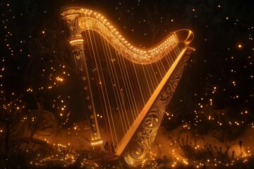 Golden Harp Illuminated by Twinkling Lights