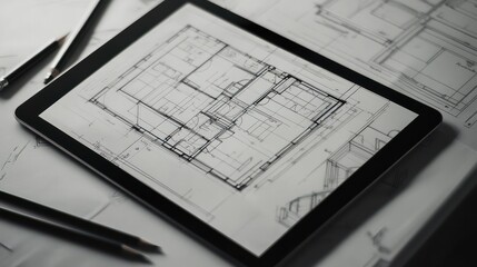 Poster - computer tablet showing kitchen illustration on house plans, pencil and compass
