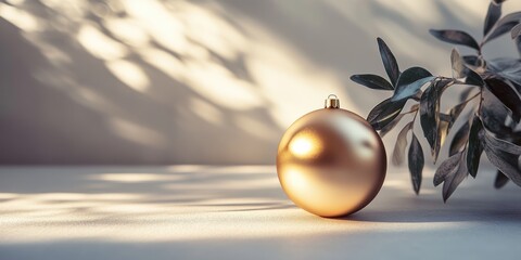 Wall Mural - An elegant golden Christmas ball resting on a bright surface, surrounded by soft shadows, enhancing the essence of festive luxury