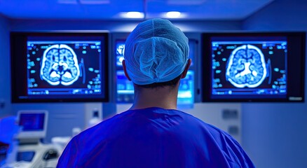 A doctor in scrubs stands facing away from the camera, looking at two large screens displaying scan images of brains and body parts on one screen