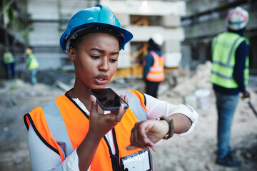 Poster - Black woman, architect or watch with speaker phone at site for construction schedule, inclusion or maintenance. Young African, civil engineer or safety worker on mobile smartphone for time management