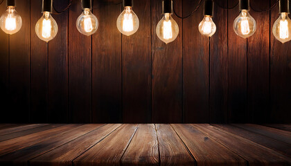 Poster - Dark wood background lit by retro light bulbs in empty space for display purposes only._1(158)