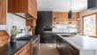 © Imsuniyah - Modern Kitchen Interior with Black Cabinets, Stainless Steel Appliances, and Marble Countertop