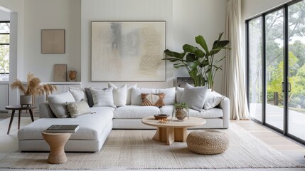 Wall Mural - Modern Living Room with White Sectional Sofa and Natural Decor