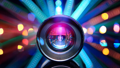 Poster - Colorful light glows through lens, creating an abstract effect with flashes of optic spotli_1(137)