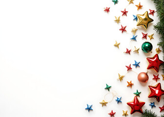 Aufkleber - Colorful Christmas decorations arranged in a festive flat lay on a white background.
