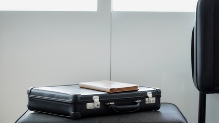 Wall Mural - The scene captures a professional briefcase and documents, symbolizing business travel at an airport.