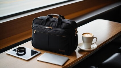 Wall Mural - The sleek travel bag, ideal for carry-on luggage, rests in a tranquil airport setting with a coffee, preparing for an upcoming flight.