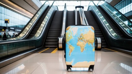 Wall Mural - Luggage ready for travel, waiting at the airport near escalators. The combination of a stylish black suitcase and a vibrant map-themed one evokes a sense of adventure and exploration.