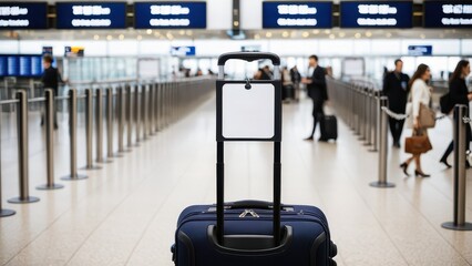 Wall Mural - A travel suitcase positioned in the heart of a modern airport terminal, capturing the essence of travel, organization, and anticipation before the flight.