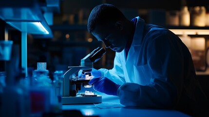 laboratory technician analyzing blood samples under a microscope, with the lab