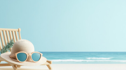 Relaxing at beach with stylish sun hat and sunglasses, perfect for sunny day by ocean. serene blue backdrop enhances tranquil atmosphere