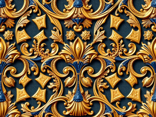 Wall Mural - A gold and blue floral patterned wallpaper. The gold and blue colors are very bright and the design is very intricate. The wallpaper has a very elegant and luxurious feel to it