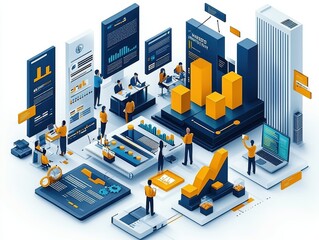 Poster - A vibrant digital workspace showcasing data analytics, bar graphs, charts, and professionals engaged in statistical analysis.