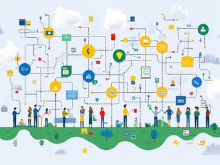 Poster - A colorful infographic depicting interconnected elements, people, and icons representing communication, technology, and collaboration.