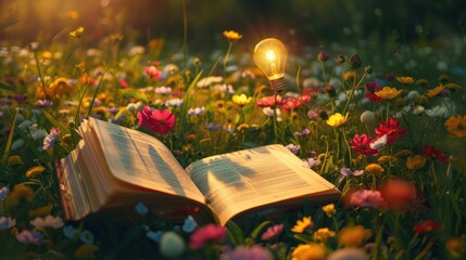 Wall Mural - open book in a field of flowers with a glowing lightbulb