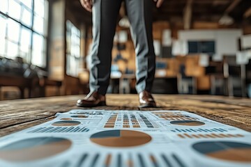 Poster - A businessman stands above a detailed report on a wooden floor, showcasing charts and graphs in a stylish office environment.