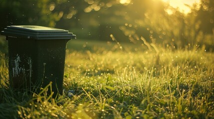 Wall Mural - a green trash can in a field of dewy grass at sunset
