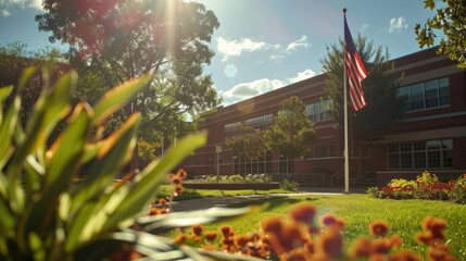Wall Mural - american flag waving outside a brick building with lush greenery