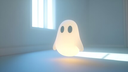 A 3D rendered cartoon ghost with a glow and large black eyes in a white room with a window.