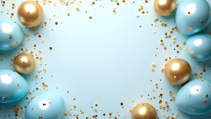 Poster - Blue, golden balloons and confetti on a Christmas background with empty white spaces surrounding the holiday festive decorations.