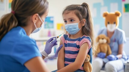 nurse administering a vaccine to a child, with the child