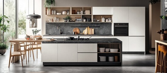 A small kitchen with an island table and wood accents, black and white cabinets, a modern style with natural light, a wooden shelf for ingredients on the wall behind it