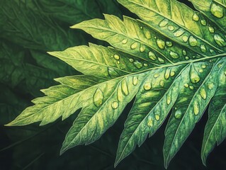 vibrant green leaf focused on intricate textures and details, highlighting nature's beauty, enhanced by modern technology, creating a captivating and detailed illustration