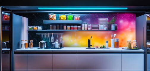 Futuristic kitchen with a view of space through a large window, featuring a pink refrigerator and a modern oven.