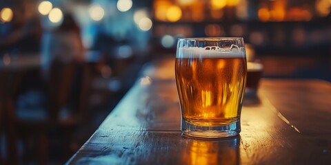 A close-up shot of a cool, refreshing beer in a glass on a wooden bar counter with warm ambient lighting.