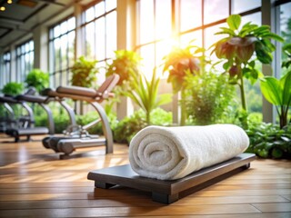 Sticker - Rolled White Towel on Bench in Sunny Gym with Blurred Weights and Lush Plants, Architectural Photography, Fitness Environment, Wellness, Relaxation, Gym Interior, Minimalism