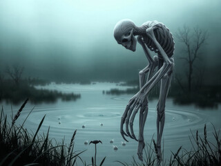 Poster - A skeleton is standing in a pond with a flower in front of it. Scene is eerie and unsettling