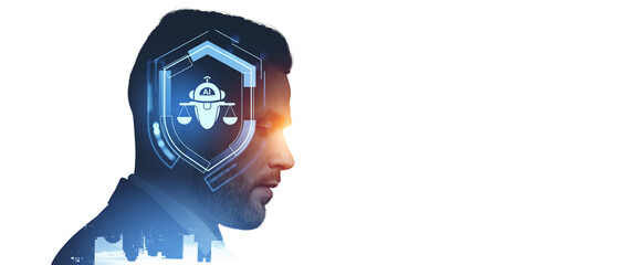 Poster - Man and ai with scales hologram, machine learning ethical code. Copy space