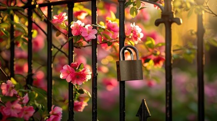 Wall Mural - A Padlock Secured to a Black Metal Fence Amidst Pink Blossoms in Warm Sunlight