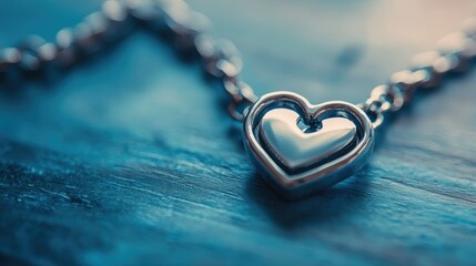 Wall Mural - Detailed view of a heart link in a chain on a blue surface, suggesting ideas of love and connection.