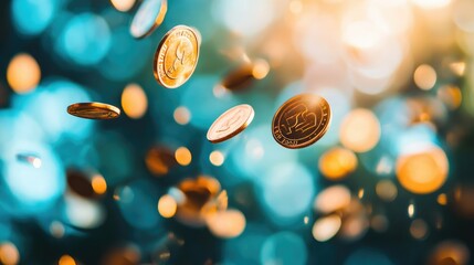 Poster - Falling coins gleam dynamically in front of a blurred background, a rich and vibrant display of abundance