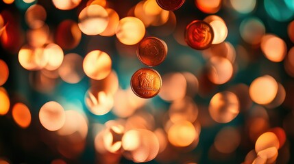 Poster - Falling coins gleam dynamically in front of a blurred background, a rich and vibrant display of abundance