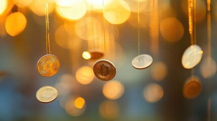 Poster - Gold coins in motion, suspended in air with a softly blurred background, creating a sense of wealth and energy