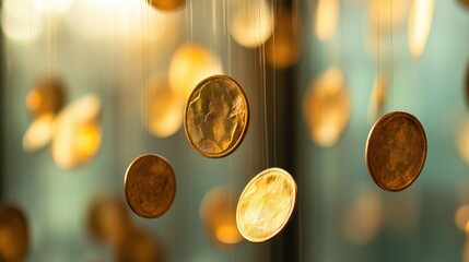 Poster - Gold coins in motion, suspended in air with a softly blurred background, creating a sense of wealth and energy