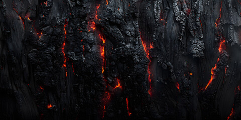 A dark, textured background of burnt wood with glowing red-hot embers, creating a dramatic and fiery visual effect