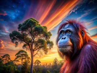 Canvas Print - Stunning Silhouette of an Orangutan Against a Vibrant Dusk Sky - Nature Photography, Wildlife, Sunset, Tropical, Endangered Species, Conservation, Orangutan Habitat, Jungle, Animal Silhouette